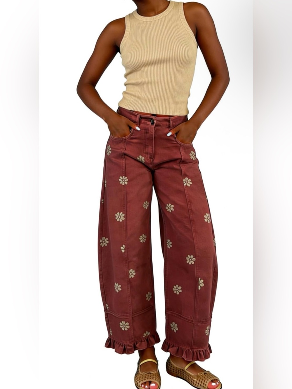Wide-Leg Floral Embroidered Ruffle Hem Pants - Rust